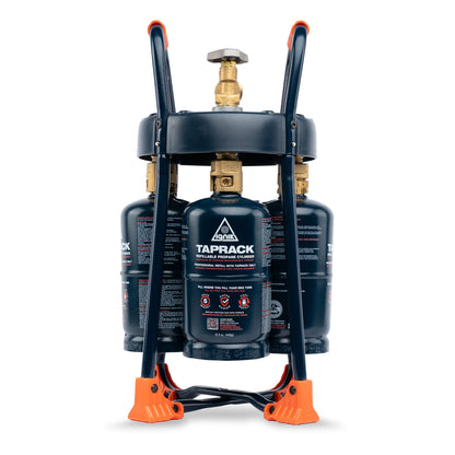 TapRack refillable propane cylinder with orange safety stand handles