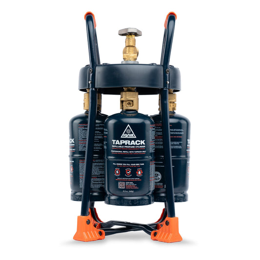 TapRack refillable propane cylinder with orange safety stand handles