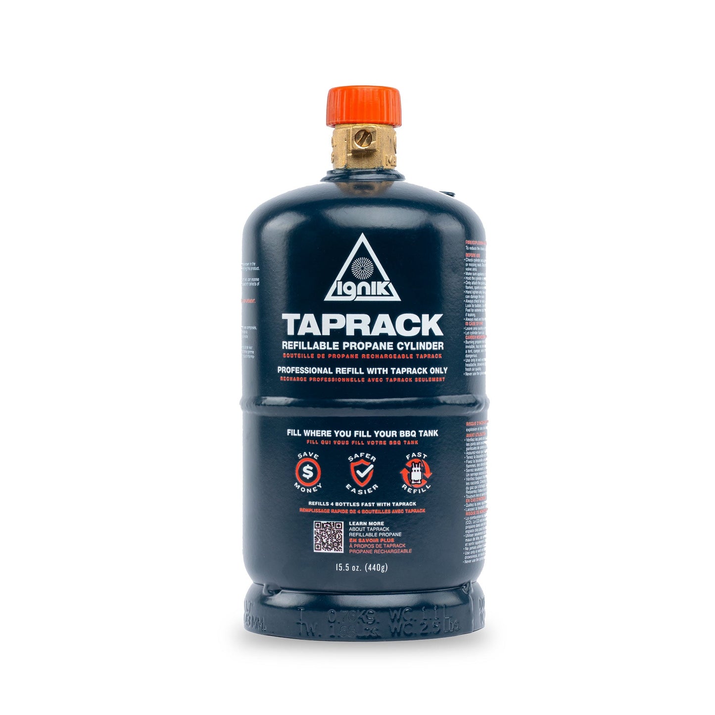 TapRack refillable propane cylinder with orange valve cap