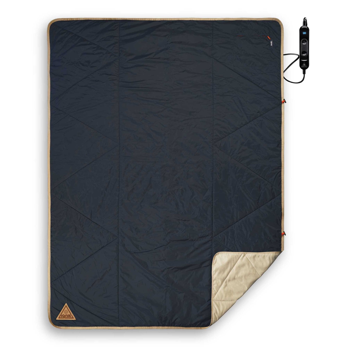 Heated blanket in dark navy with tan edge trim and attached controller with cable