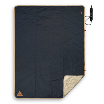 Heated blanket in dark navy with tan edge trim and attached controller with cable