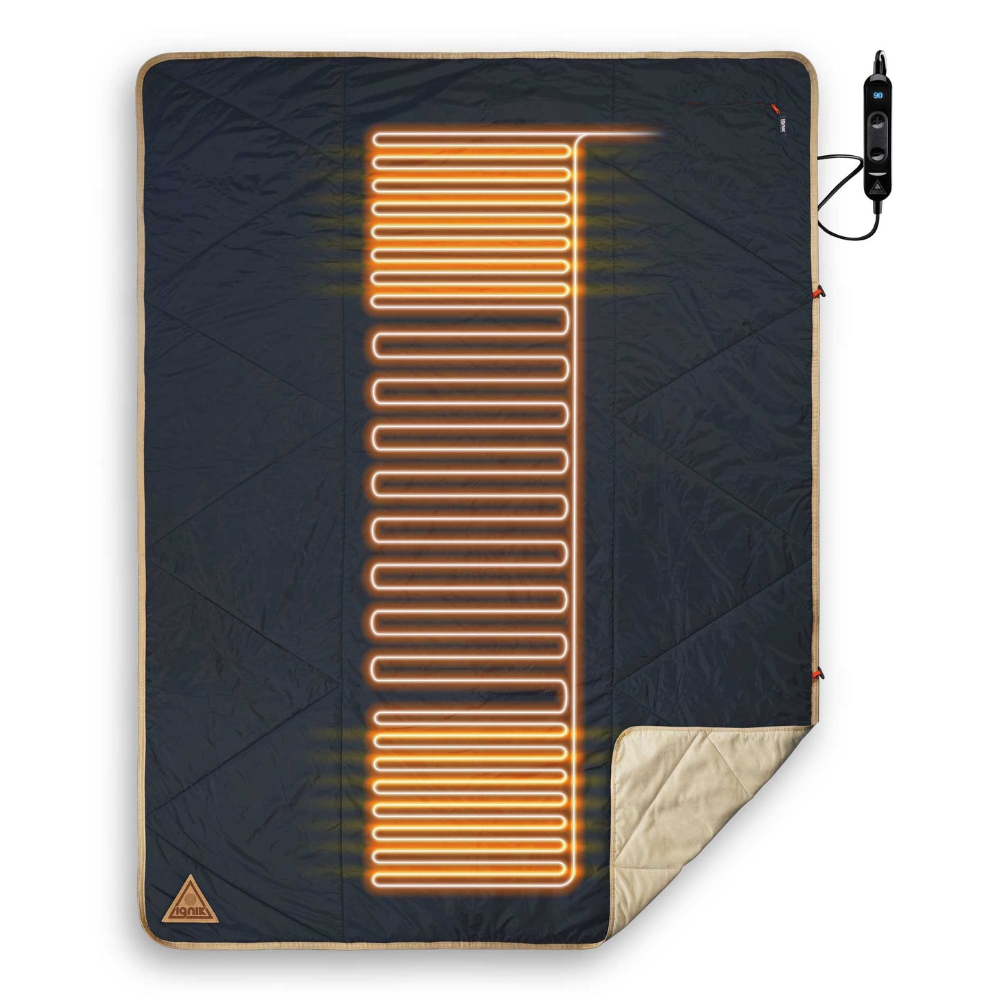 Heated blanket in dark navy with tan trim and glowing heating lines panel