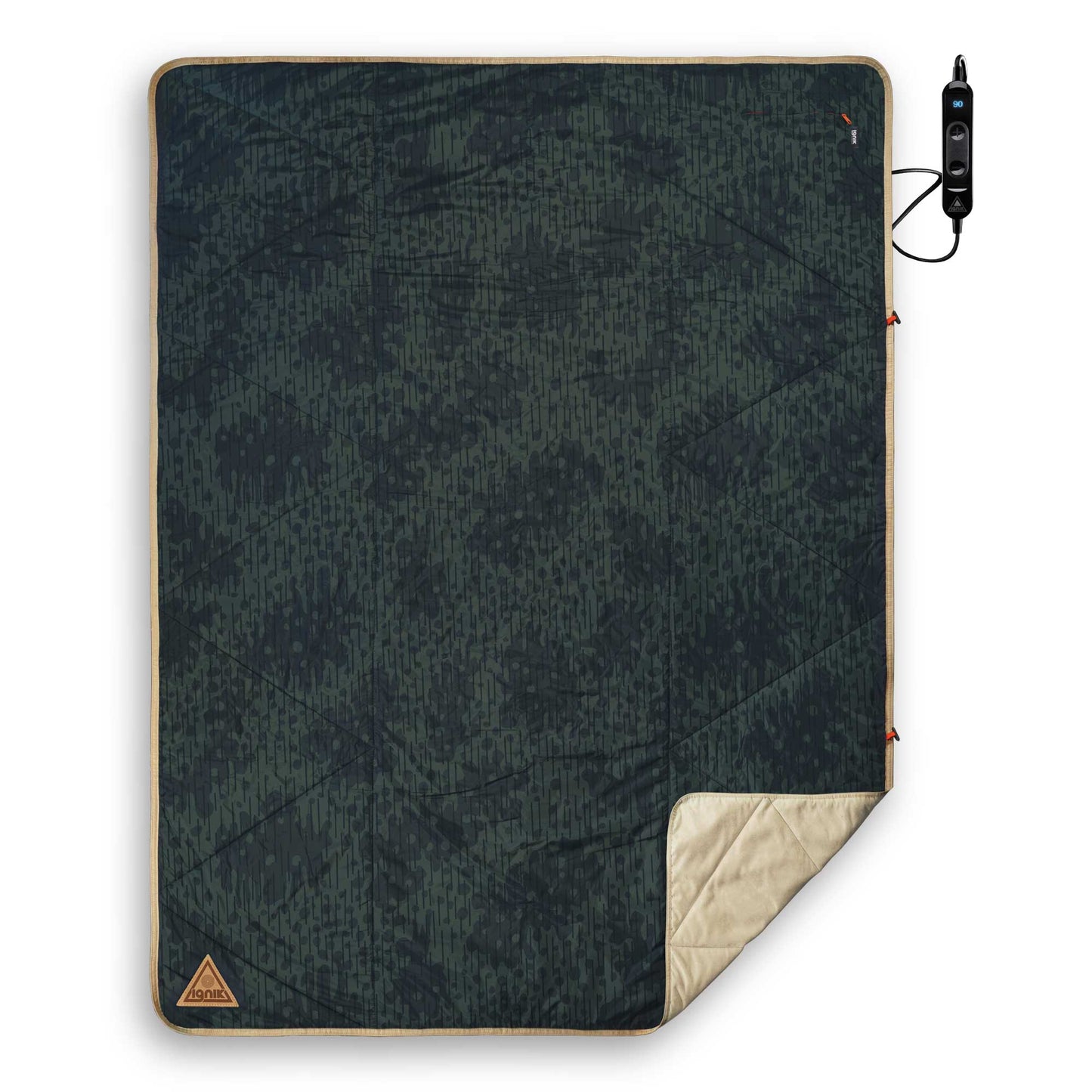 Heated blanket with dark blue geometric pattern and tan backing, with remote control.