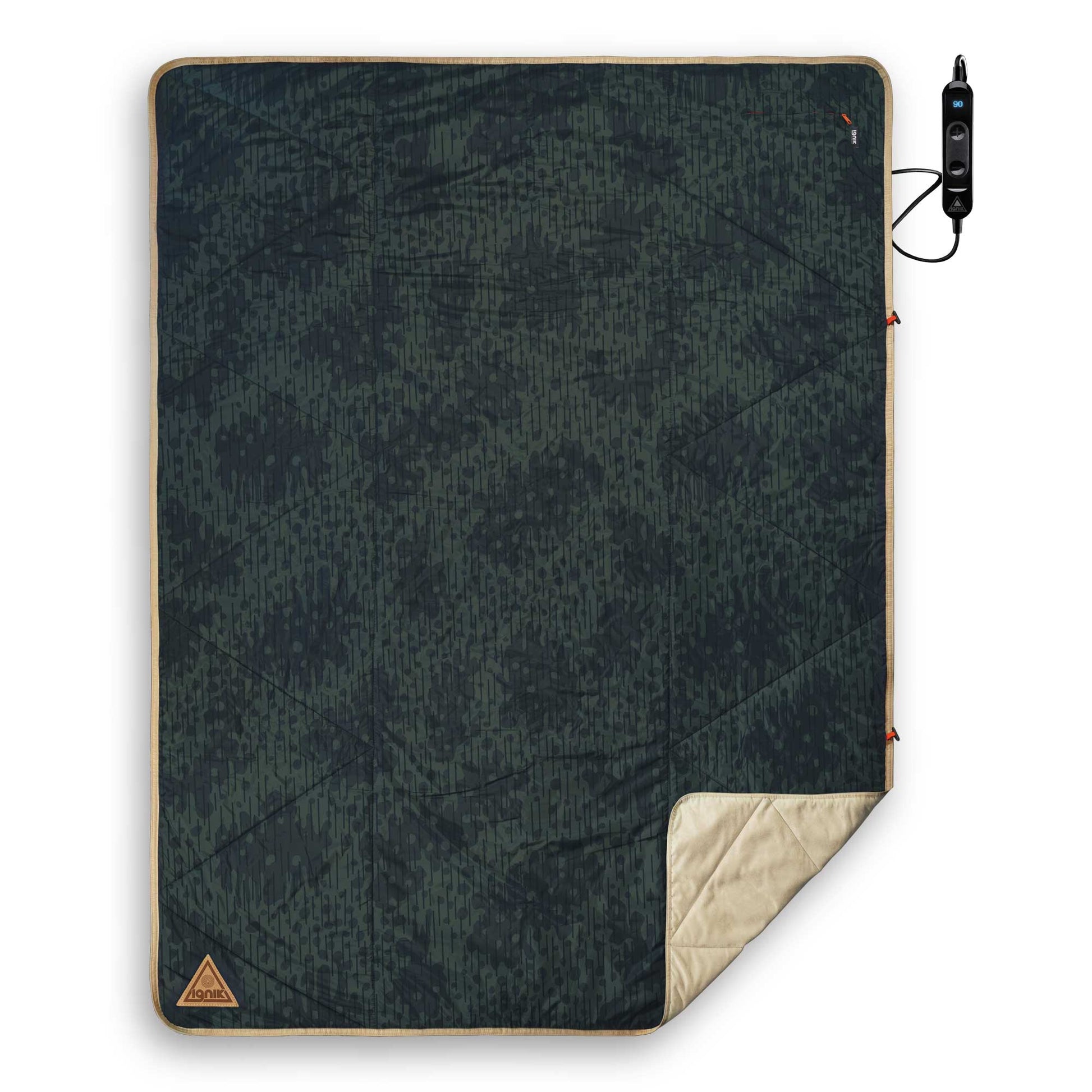 Heated blanket with dark blue geometric pattern and tan backing, with remote control.
