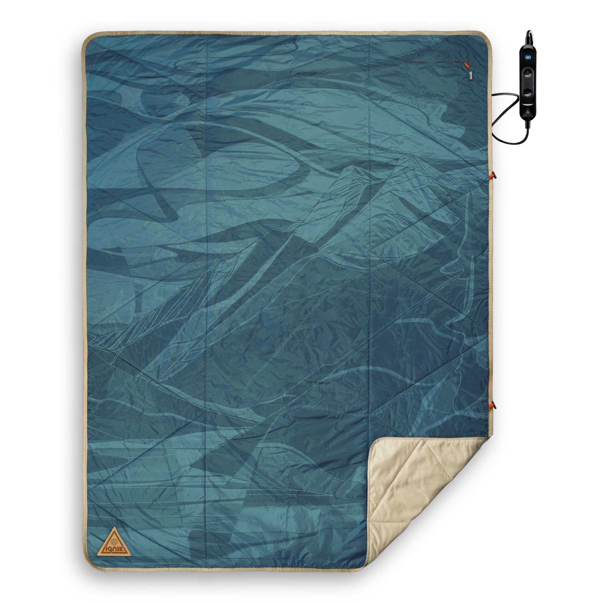 Heated blanket in teal-blue with tan edge trim and attached controller cable