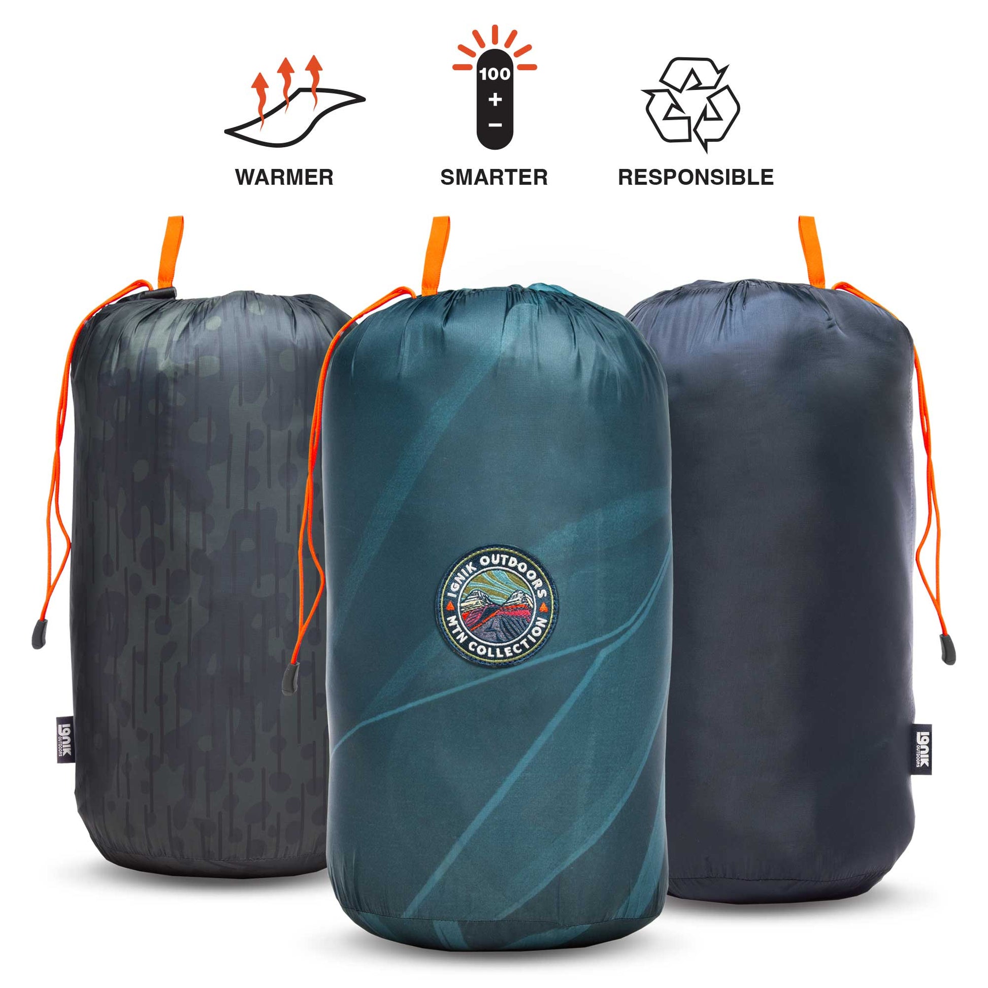 Packable heated blanket set: dark and teal roll-up blankets with orange carrying cords