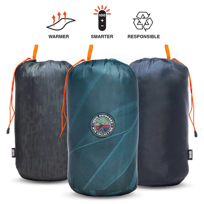 Packable heated blanket set: dark and teal roll-up blankets with orange carrying cords