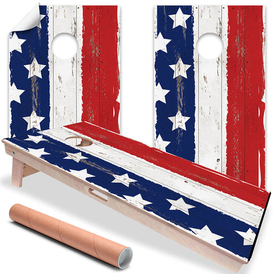 Cornhole board wrap set of 2 with stars-and-stripes design and round hole cutouts