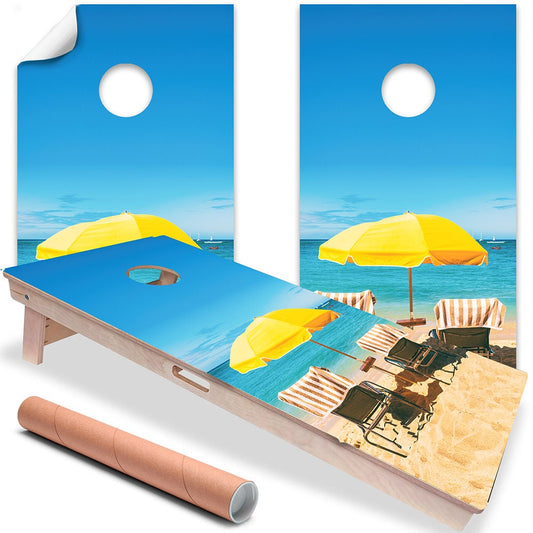 Printed cornhole board wrap set with blue beach sky and yellow beach umbrella scene