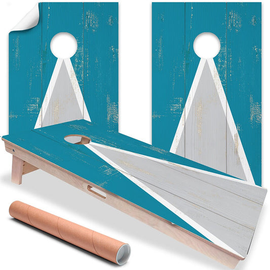 Teal and white triangle cornhole board wrap set of 2 with circular cutout