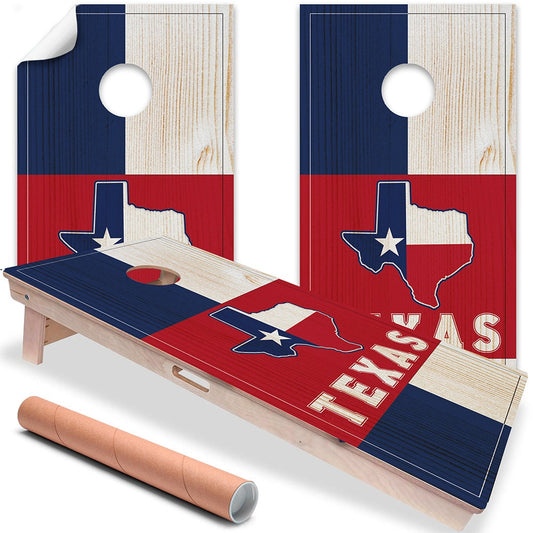 Set of 2 Texas-themed cornhole board wraps with blue, red, and white stripe design