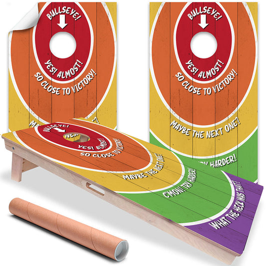 Cornhole board wrap set of 2 with orange, yellow, green, and purple target circle graphics