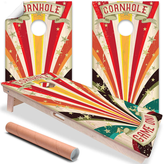 Circus-striped cornhole board wrap set with red, white, yellow, and green star graphics