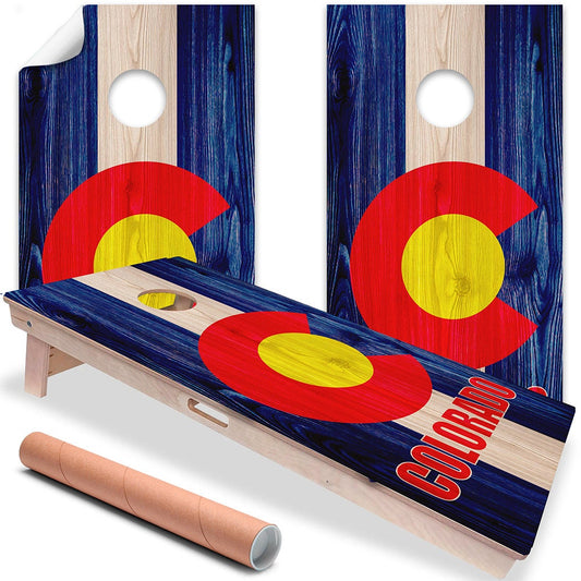 Cornhole board wrap set of 2, blue woodgrain with red/yellow emblem and circular hole