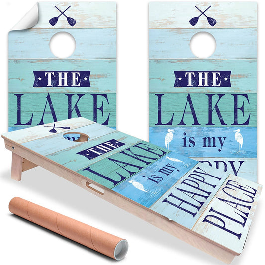 Cornhole board wrap set of 2 with blue lake text and round cutout hole