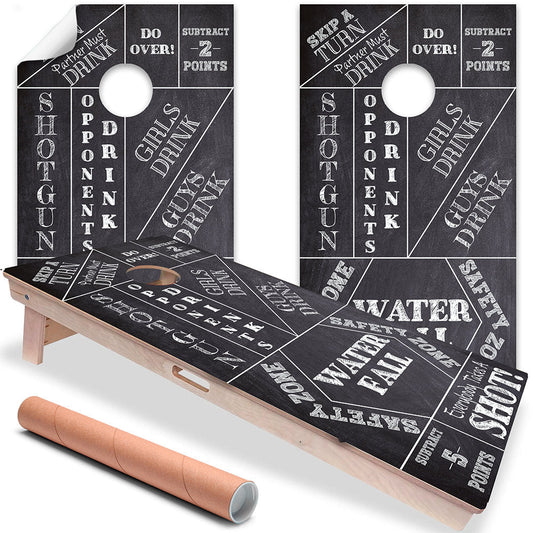 Cornhole board wrap set of 2, black chalk-style game boards with circular cutouts