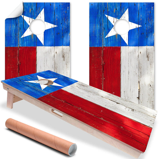 Set of 2 Texas flag cornhole board wraps with star and distressed blue, red, white panels