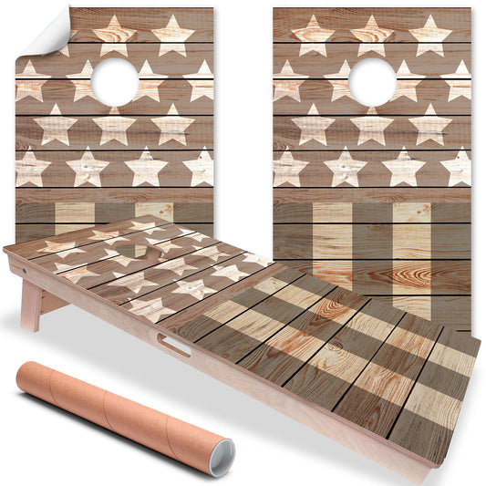 Cornhole board wrap set of 2 with star and stripe wood-look pattern and carry roll