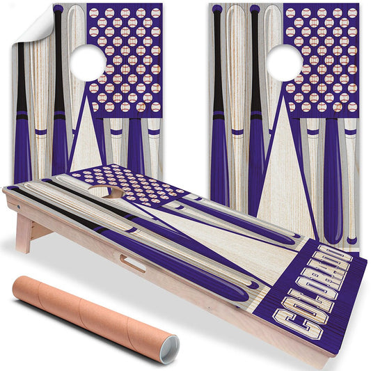 Cornhole board wrap with purple baseball bat pattern and circular target cutout