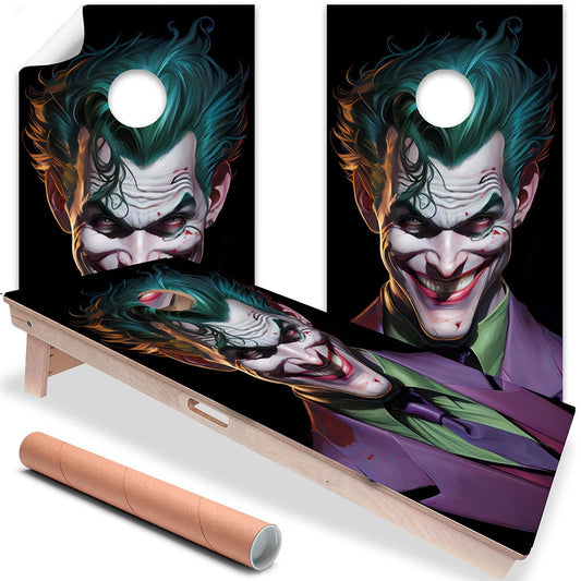Cornhole board wrap set of 2 with teal-haired clown art and circular center hole