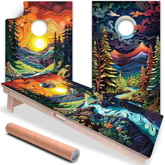 Cornhole board wrap panels, fantasy orange-and-blue landscape with glowing circles and trees