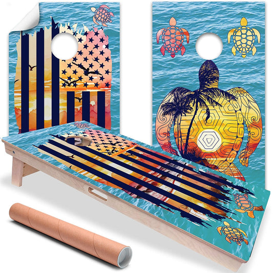 Cornhole board wrap set of 2 with sea turtle artwork over red, white, and blue stripes