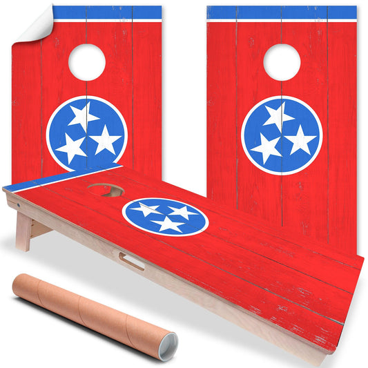 Set of 2 cornhole board wraps, red with blue border and star logo, with hole cutout