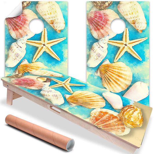 Cornhole board wrap set with seashell and starfish graphic on aqua blue background