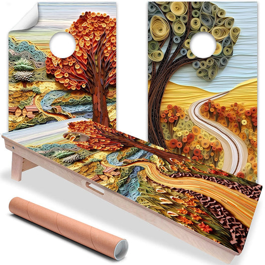 Set of 2 cornhole board wraps with multicolor fall tree and winding stream design