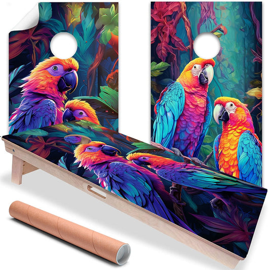 Cornhole board wrap set of 2 with vivid rainbow parrot illustrations and leaf pattern