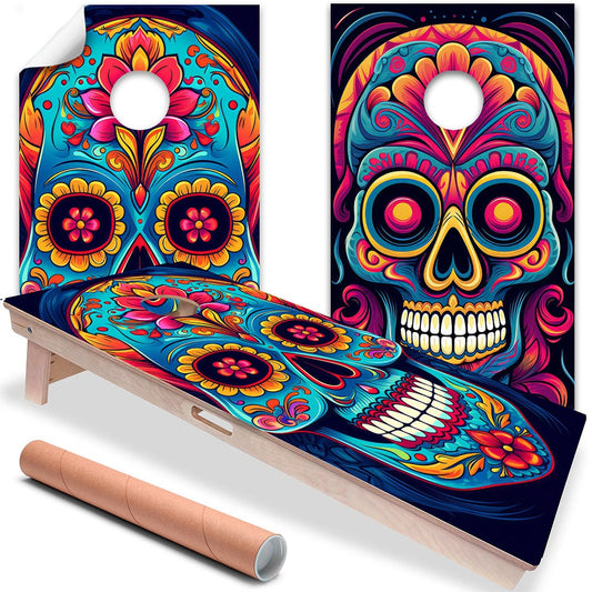 Set of 2 cornhole board wraps with colorful sugar skull artwork and center hole