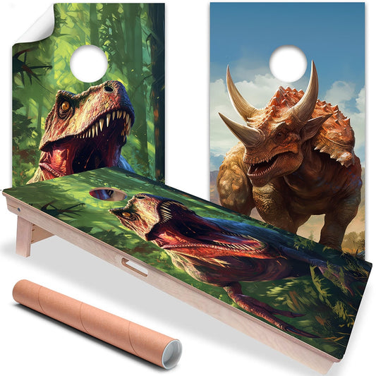 Cornhole board wrap set of 2 with green T-Rex and blue Triceratops dinosaur artwork