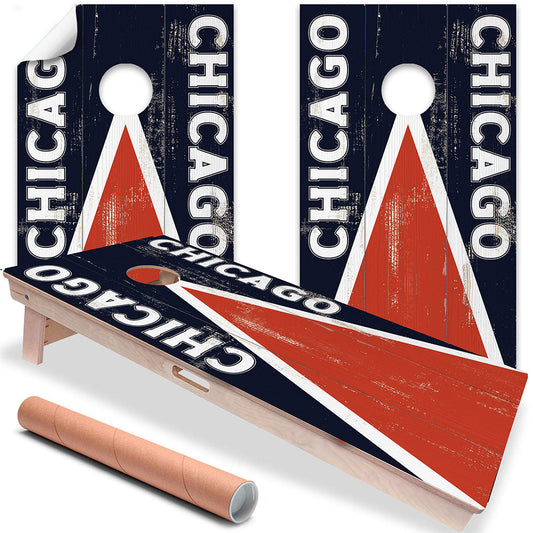 Cornhole board wrap set of 2 with Chicago design, navy and red panels and center hole