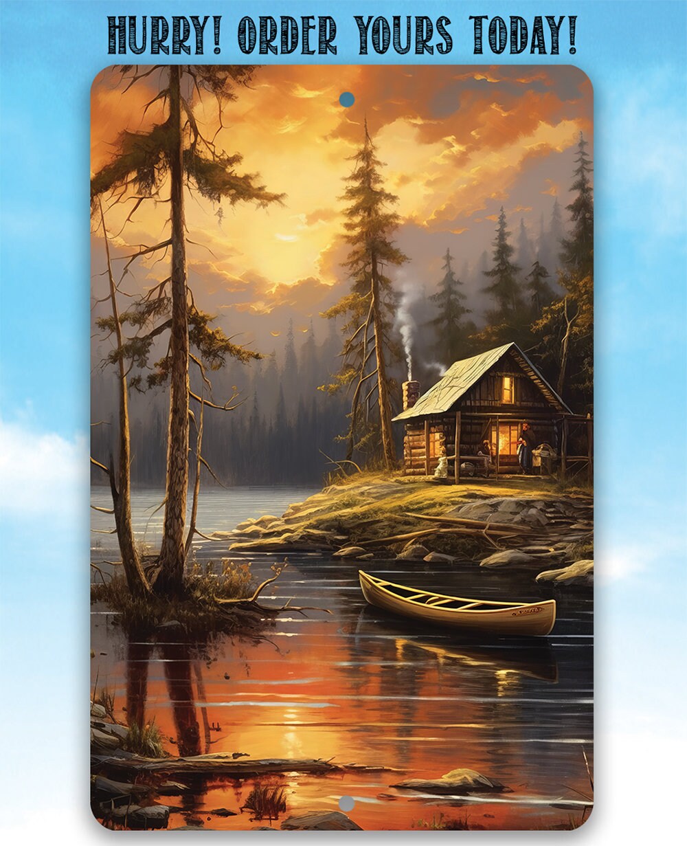 Cabin on the Lake Painting Art - Metal Sign