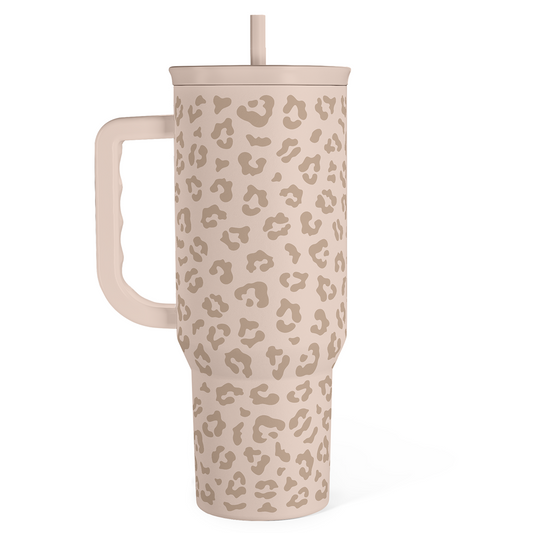 40oz tumbler with handle, tan body with brown leopard print, straw up top