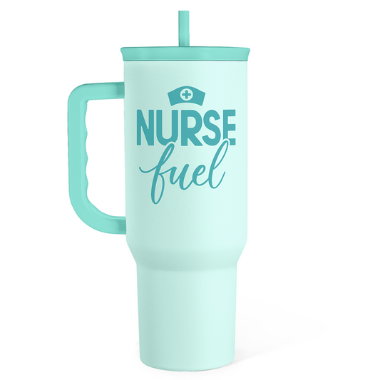 Mint nurse fuel 40oz slider tumbler with handle and straw, front logo