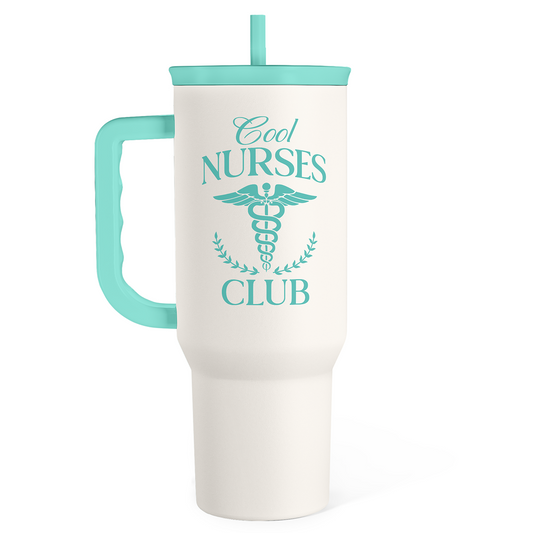 Mint and white tumbler with handle, slide straw lid, and Cool Nurses Club logo.