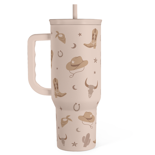 40oz cowboy-themed slider tumbler with handle, straw, and beige brown boot pattern