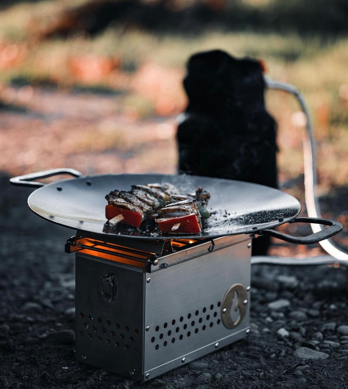 Outdoor campfire grill station with round skillet and grilling surface, food being cooked
