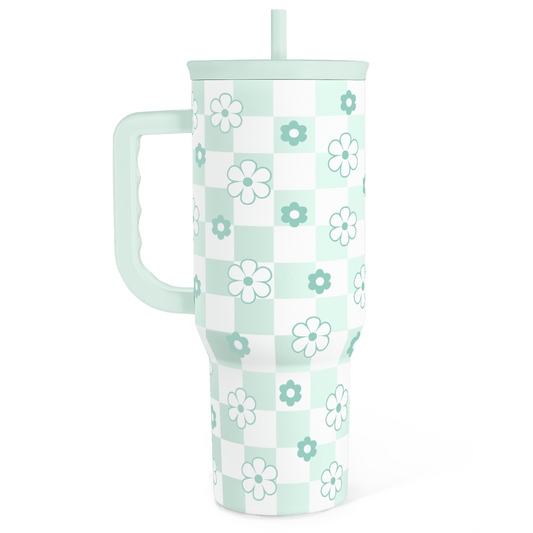 40oz mint checkered tumbler with daisy print, flip lid, and straw