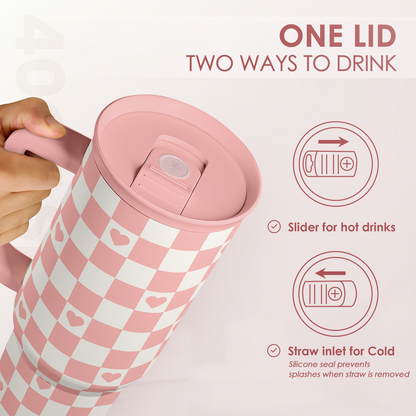 Coral Checker Heart Slidemate | Slider Tumbler with Handle 40oz