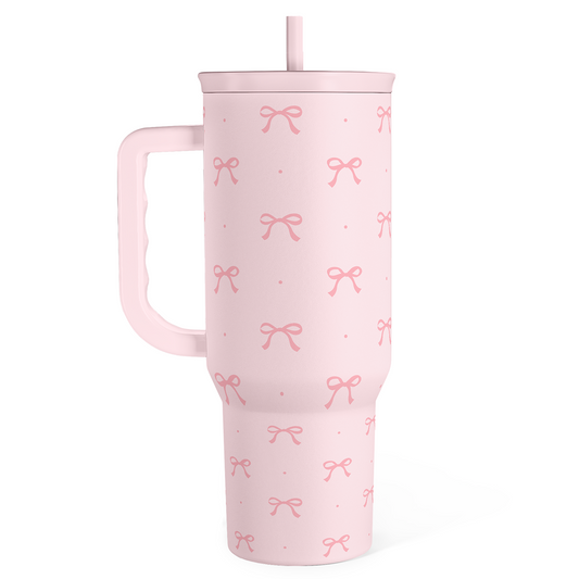 Pink bow 40oz tumbler with handle, slide lid, and straight drinking straw