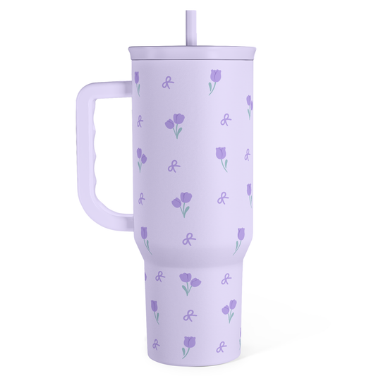 40oz purple floral insulated slider tumbler with handle and straw