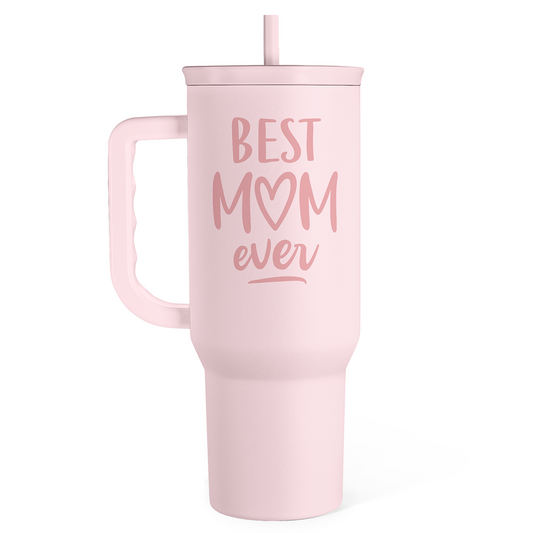 Pink 40oz tumbler with handle, slide lid, and straw; “Best Mom ever” graphic.