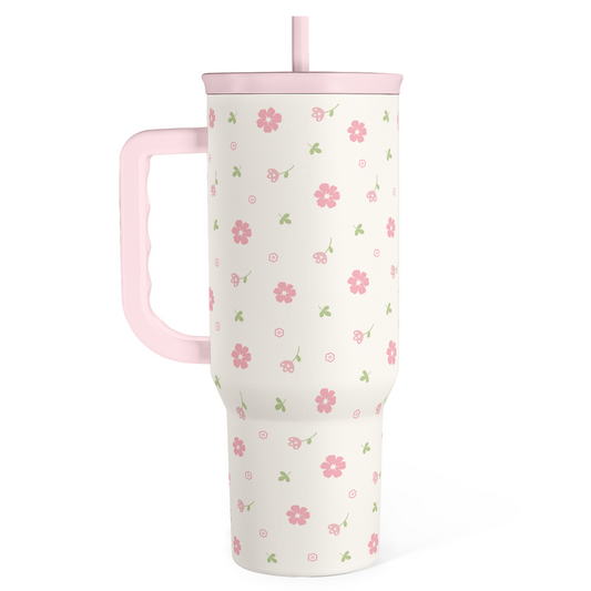40oz slider tumbler with handle, pink floral pattern, clear lid with straw