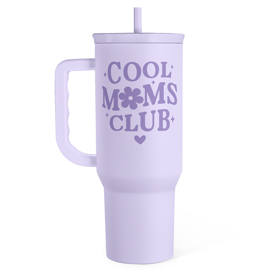 Lavender 40oz tumbler with handle and straw, featuring “Cool Moms Club” logo
