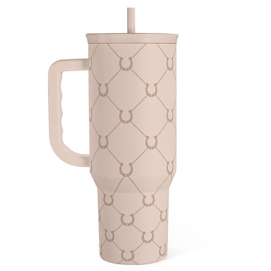 Tumbler with slide lid and carry handle, 40oz size, geometric pattern