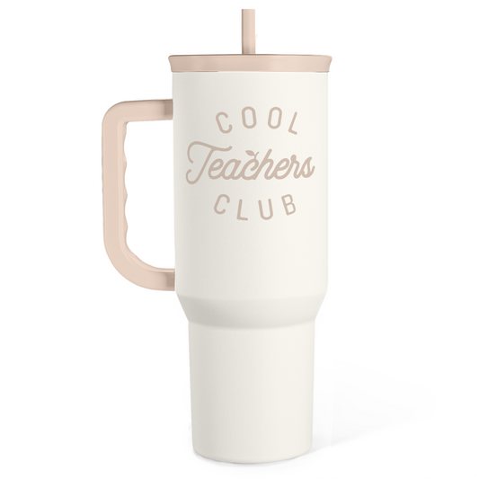 40 oz white insulated slider tumbler with handle and straw, Teachers Club logo