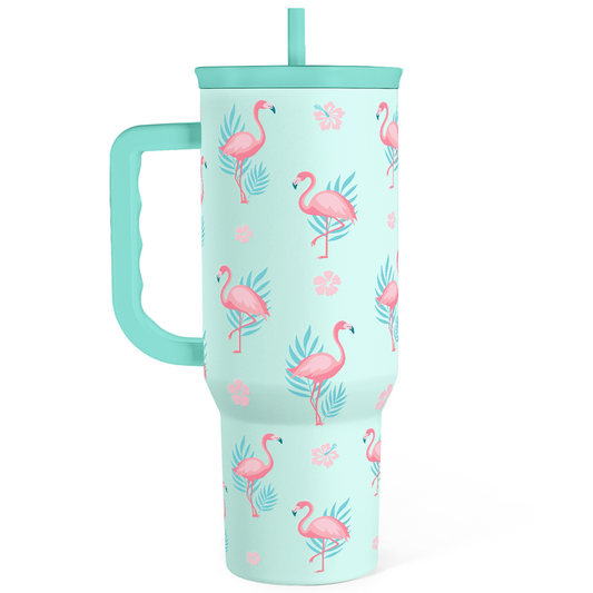 Mint flamingo tumbler with handle, straw lid, and all-over flamingo pattern