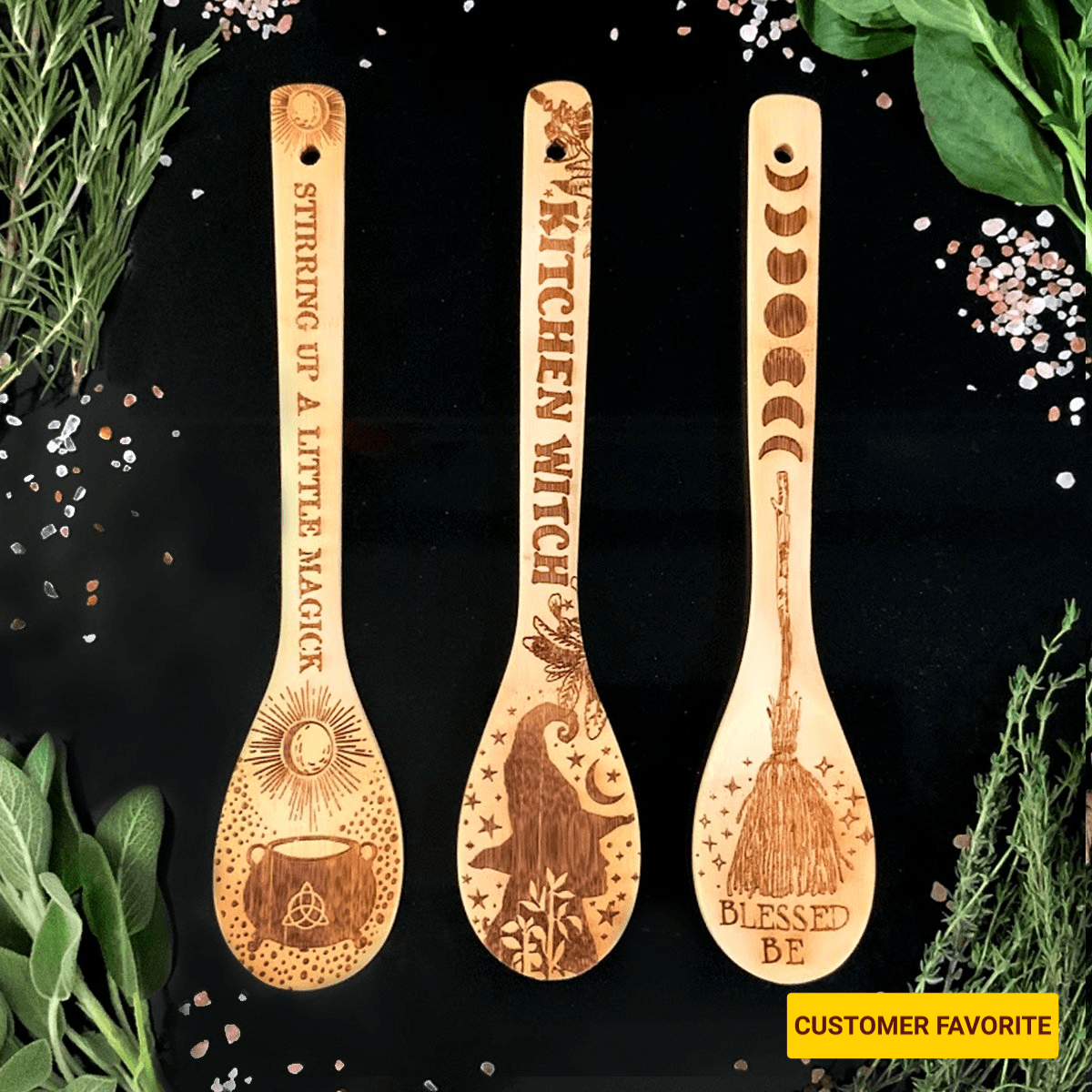 Laser-Etched Bamboo Wooden Spoons – Set of 3